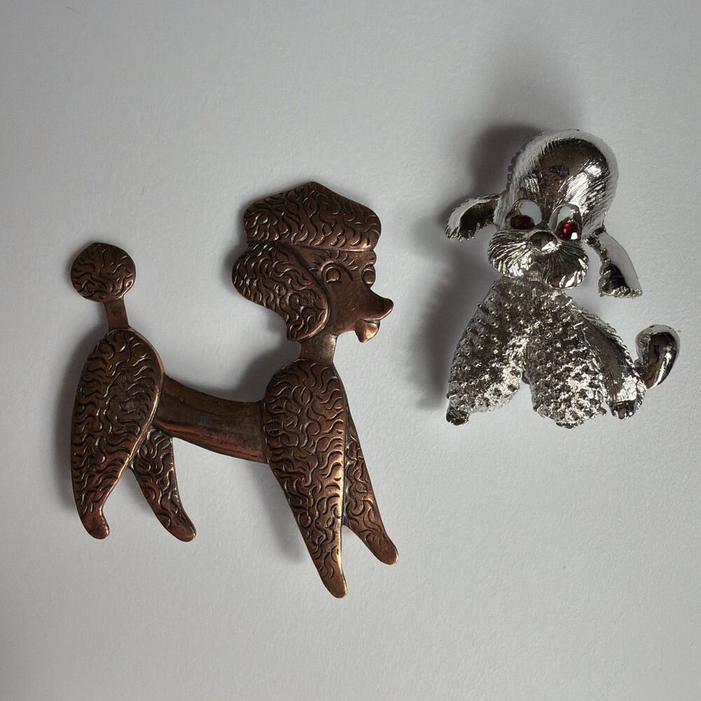 2 Vintage Estate Poodle Dog Brooch Pins Copper And Silver Tone Rhinestone Eyes - Picture 1 of 8